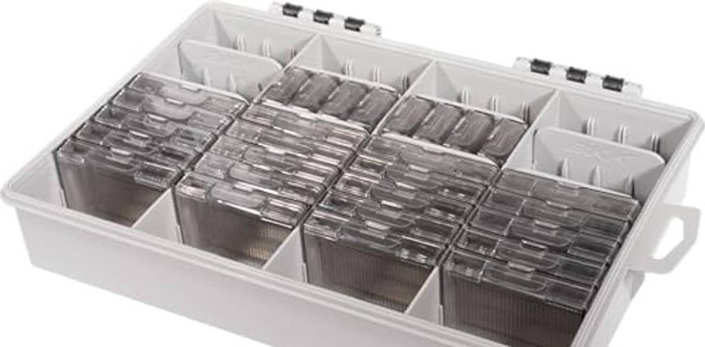 Tackle storage case with hinged lid open; multiple sections hold stacked metal tackle boxes