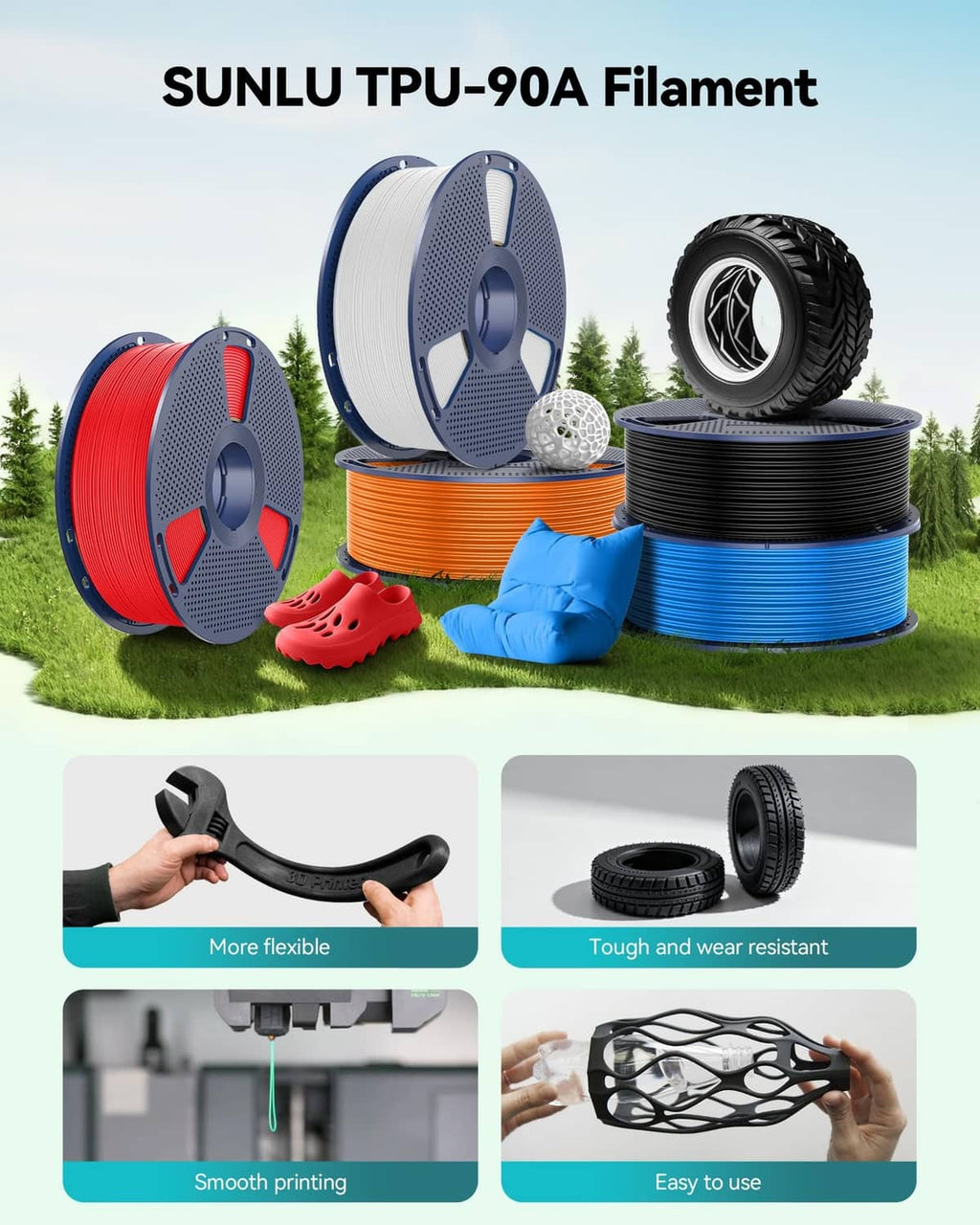 SUNLU TPU-90A filament spools in black, blue, red, orange, and natural colors