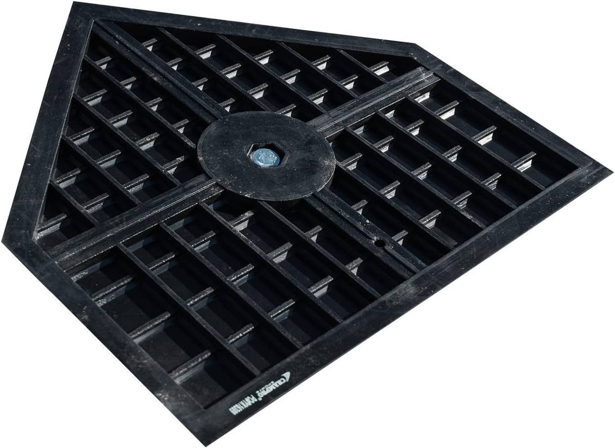 Black rubber batting tee base with round fastener and grid insert