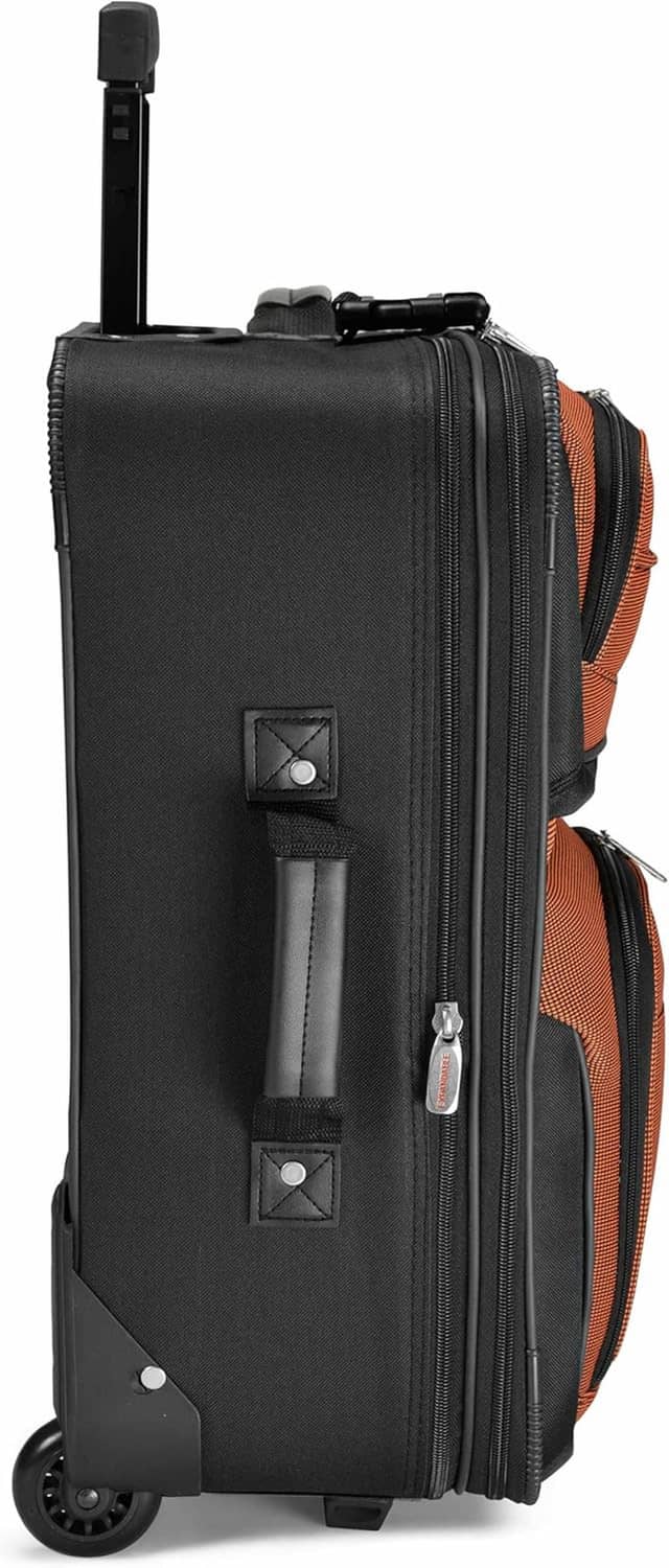 Orange and black softside carry-on luggage side profile with telescoping handle and wheels