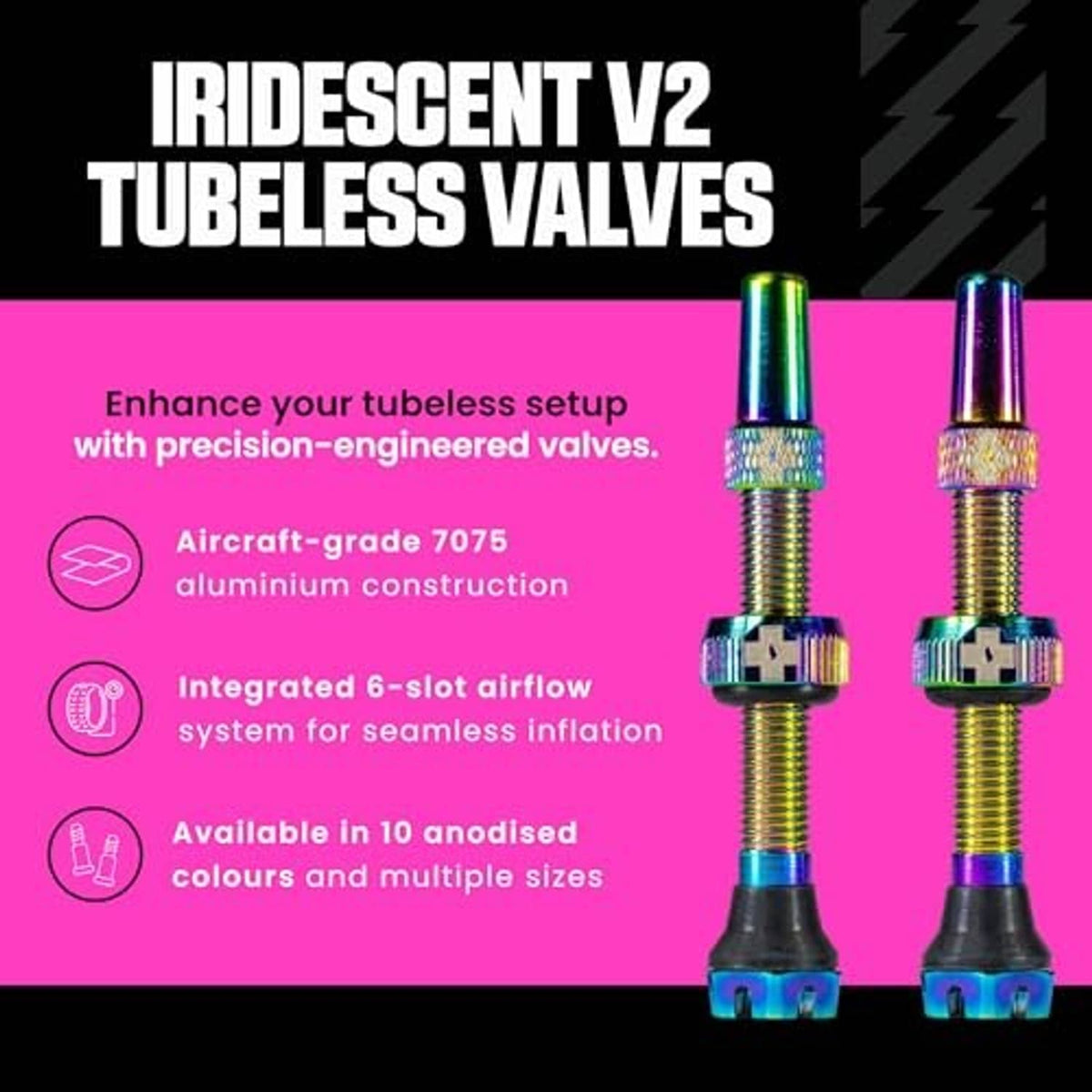 Iridescent V2 tubeless Presta valves, tall anodized stems and black bases