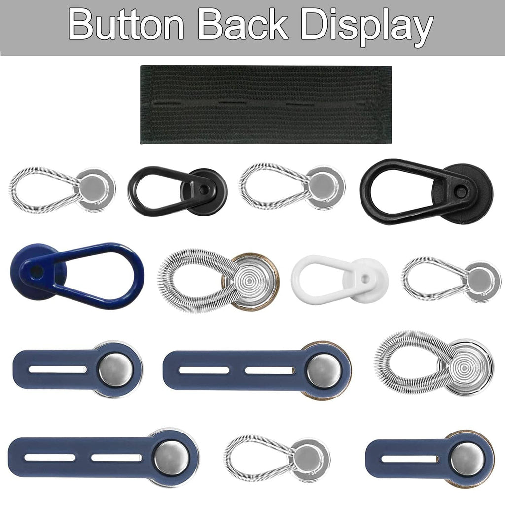 Button back display of elastic waist extender clips with metal springs and round backs
