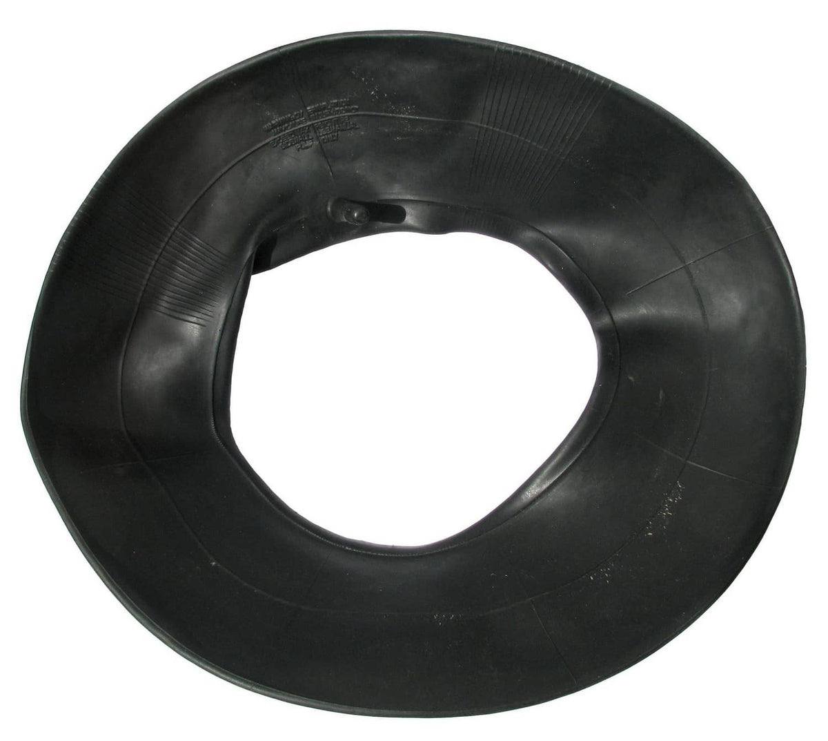 Black wheel inner tube with circular rim opening and valve notch