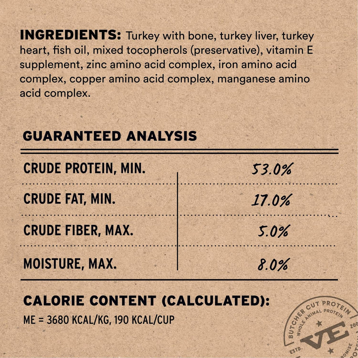 Freeze-dried dog food label close-up showing crude protein 53%, fat 17%, fiber 5%