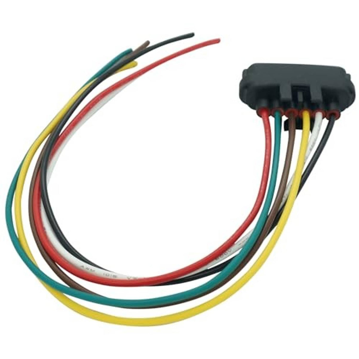 Wire harness with black multi-pin connector and multicolor insulated lead wires