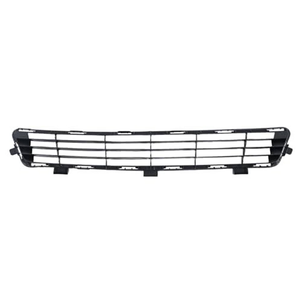 Front bumper lower center grille, black frame with silver horizontal bars and tabs