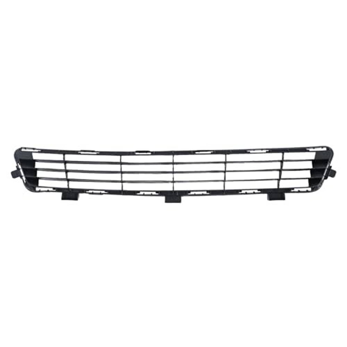 Front bumper lower center grille, black frame with silver horizontal bars and tabs