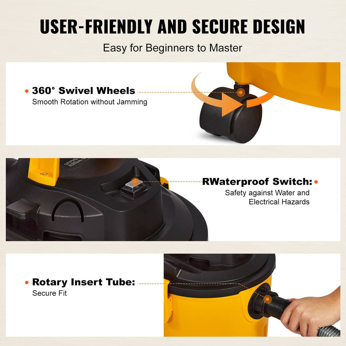 Wet/dry shop vacuum with swivel wheels and waterproof switch housing, yellow body