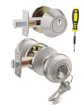 Satin nickel single-cylinder deadbolt and door knob set with keys