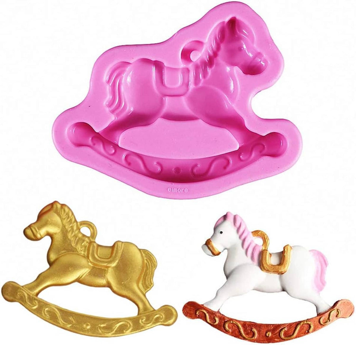Pink silicone fondant mold with rocking horse design and gold and white figurines.
