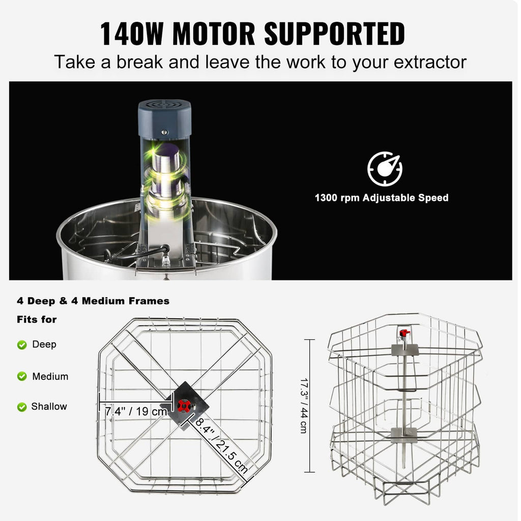 Stainless honey extractor with wire frame basket and motor above drum