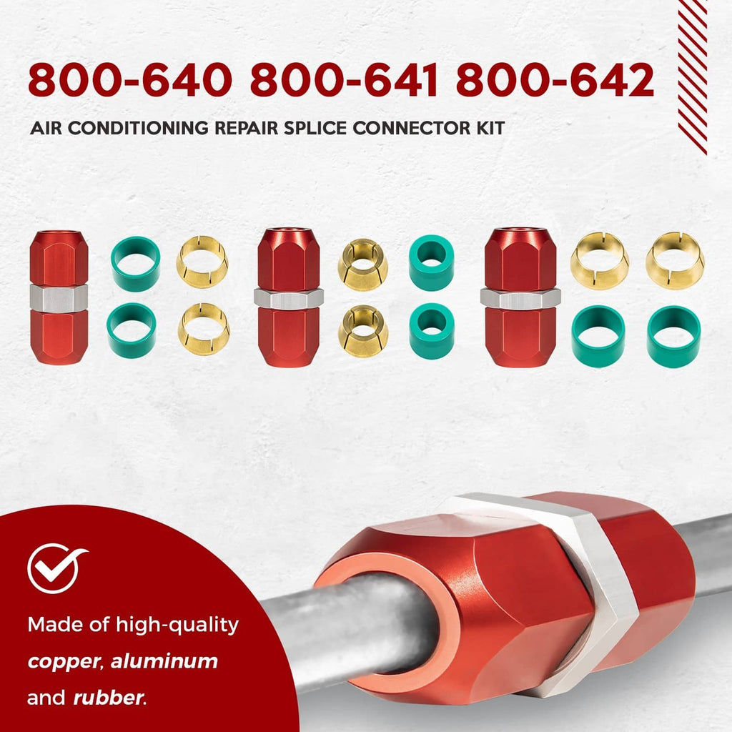 A/C repair splice connector kit display, red couplers with teal rubber seals and brass parts