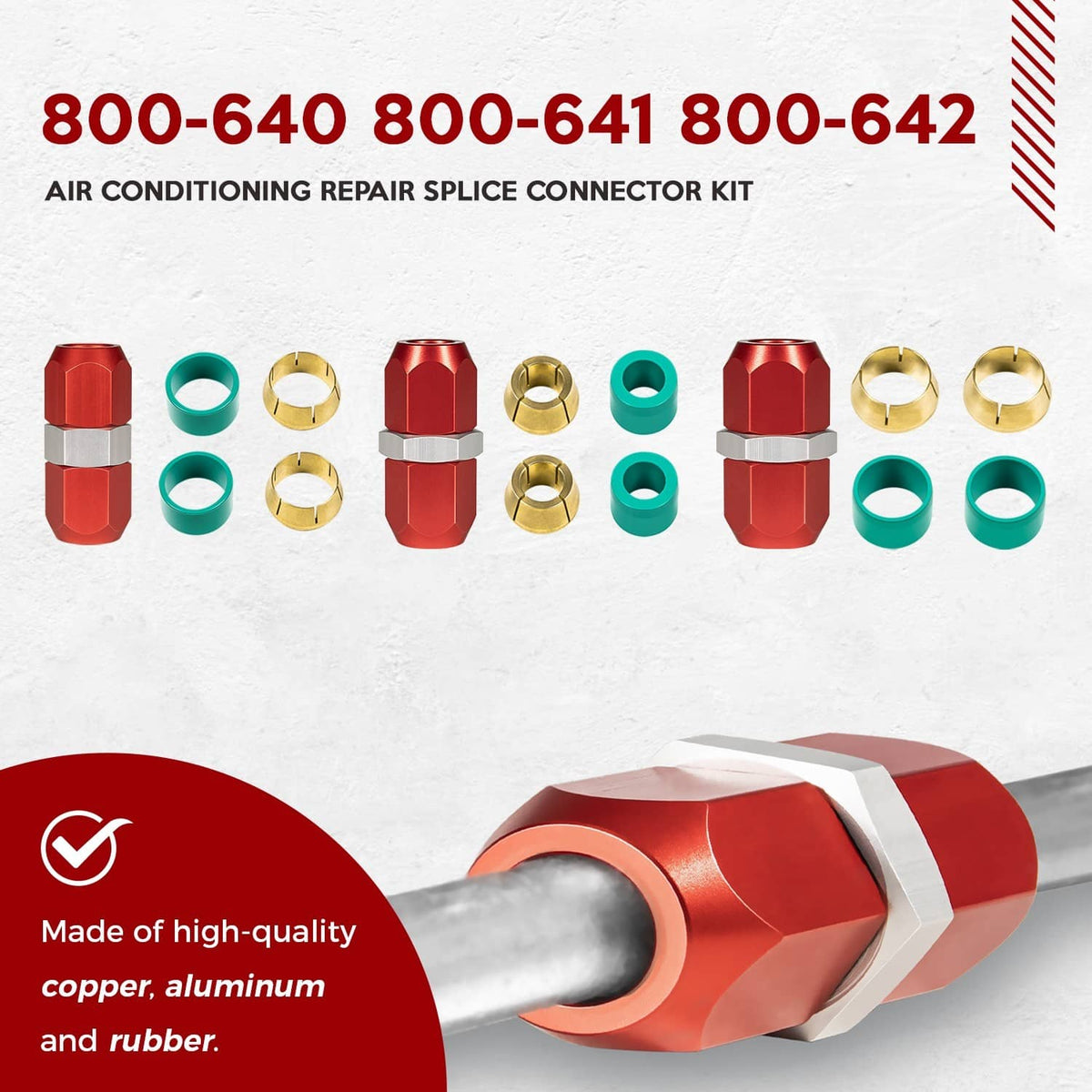 A/C repair splice connector kit display, red couplers with teal rubber seals and brass parts