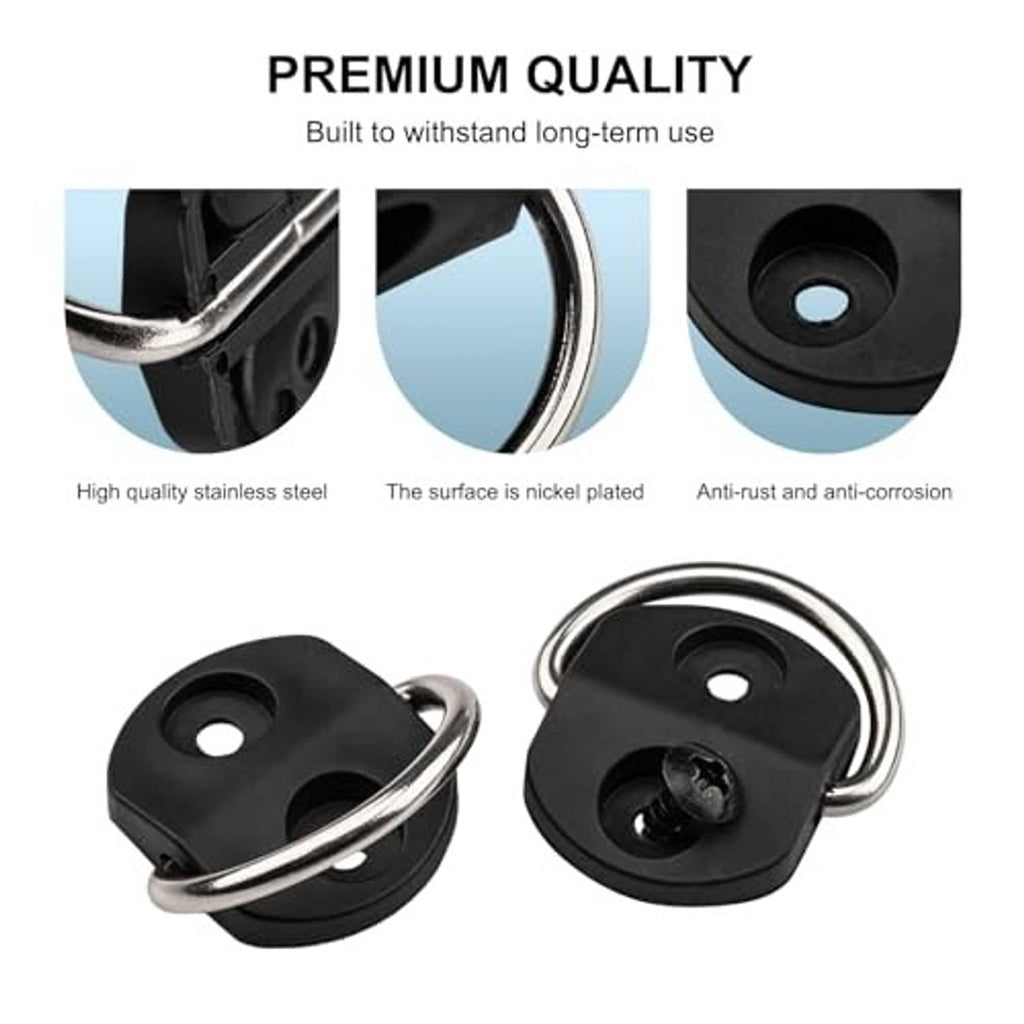 Black D-ring anchor tie-down with chrome loop, showing stainless-steel and anti-corrosion design