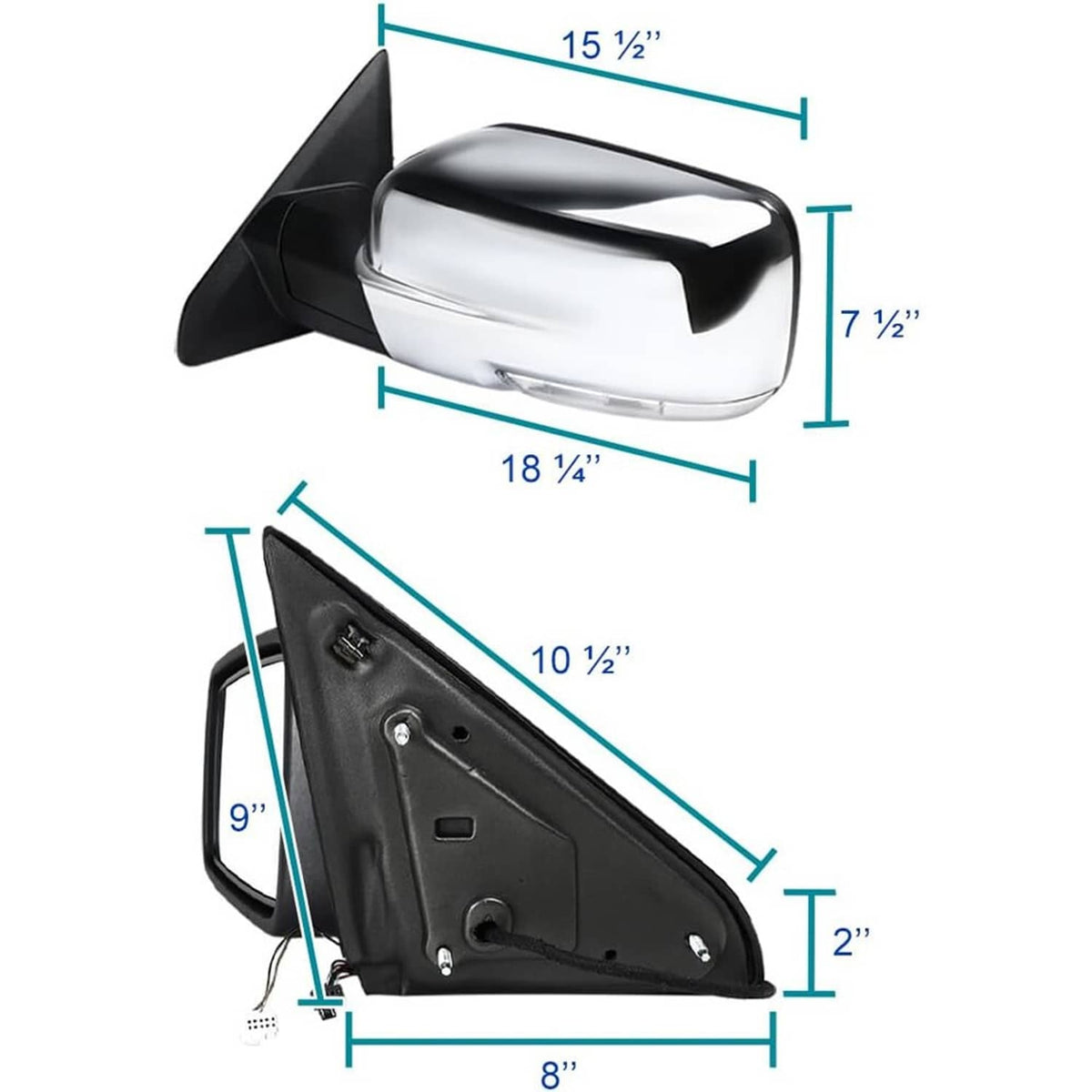 Left side replacement mirror housing with mounting points and turn signal lens detail