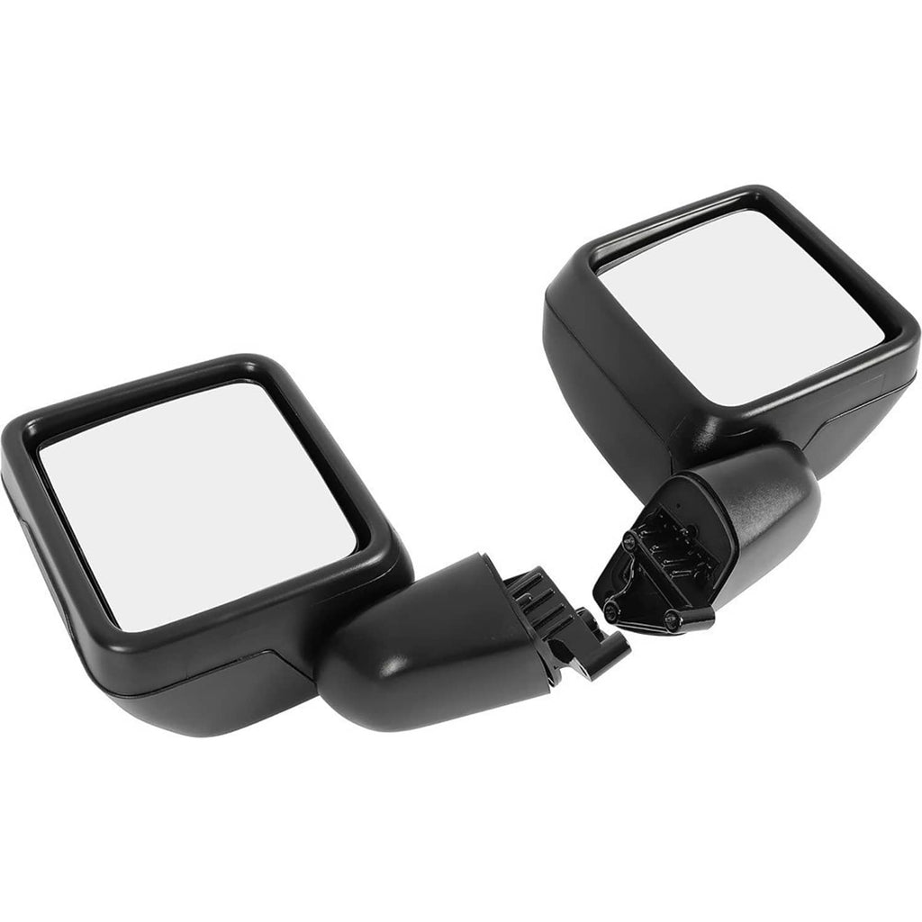 Pair of black heated power side mirrors with mounting brackets and clear lenses