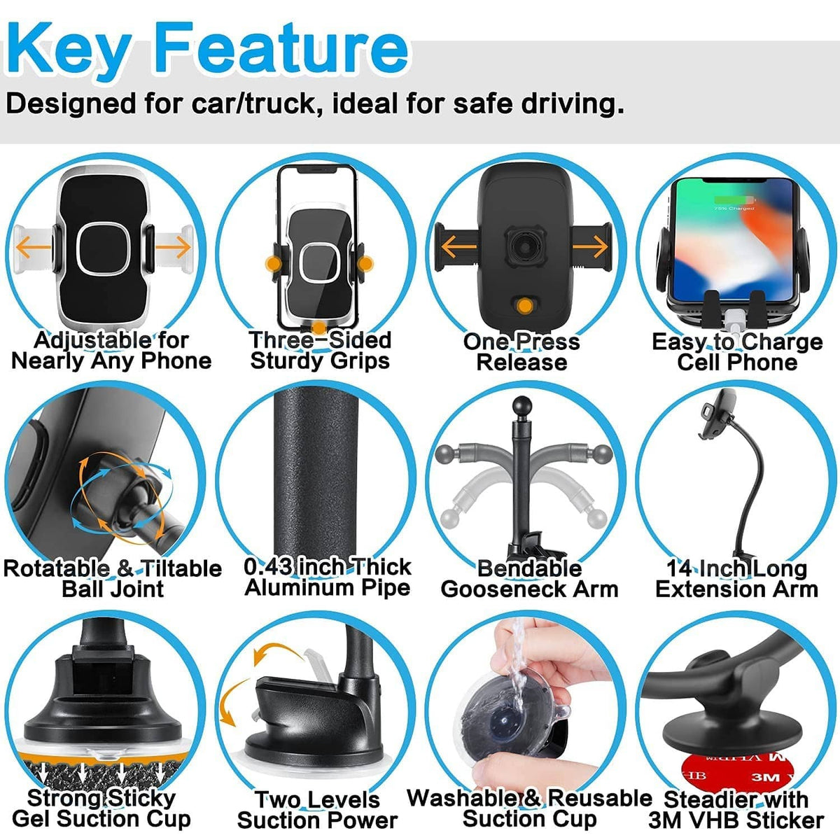 Phone mount with rotatable clamp, bendable arm, and easy one-press release design