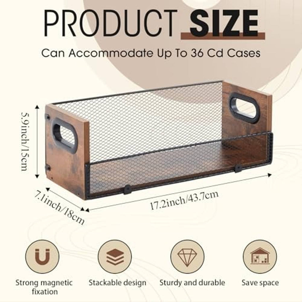 Wooden CD storage rack with two front handles and metal mesh storage compartments
