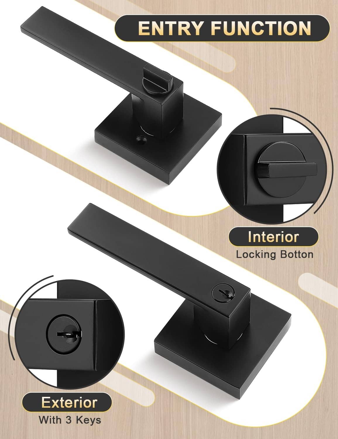 Black entry door lever handle with locking thumb button and keys, exterior view