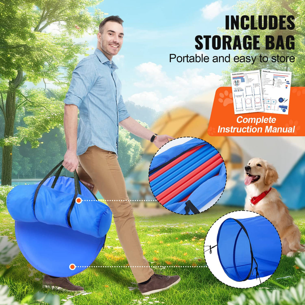 Dog agility training kit with blue tunnel and included storage bag for easy portability
