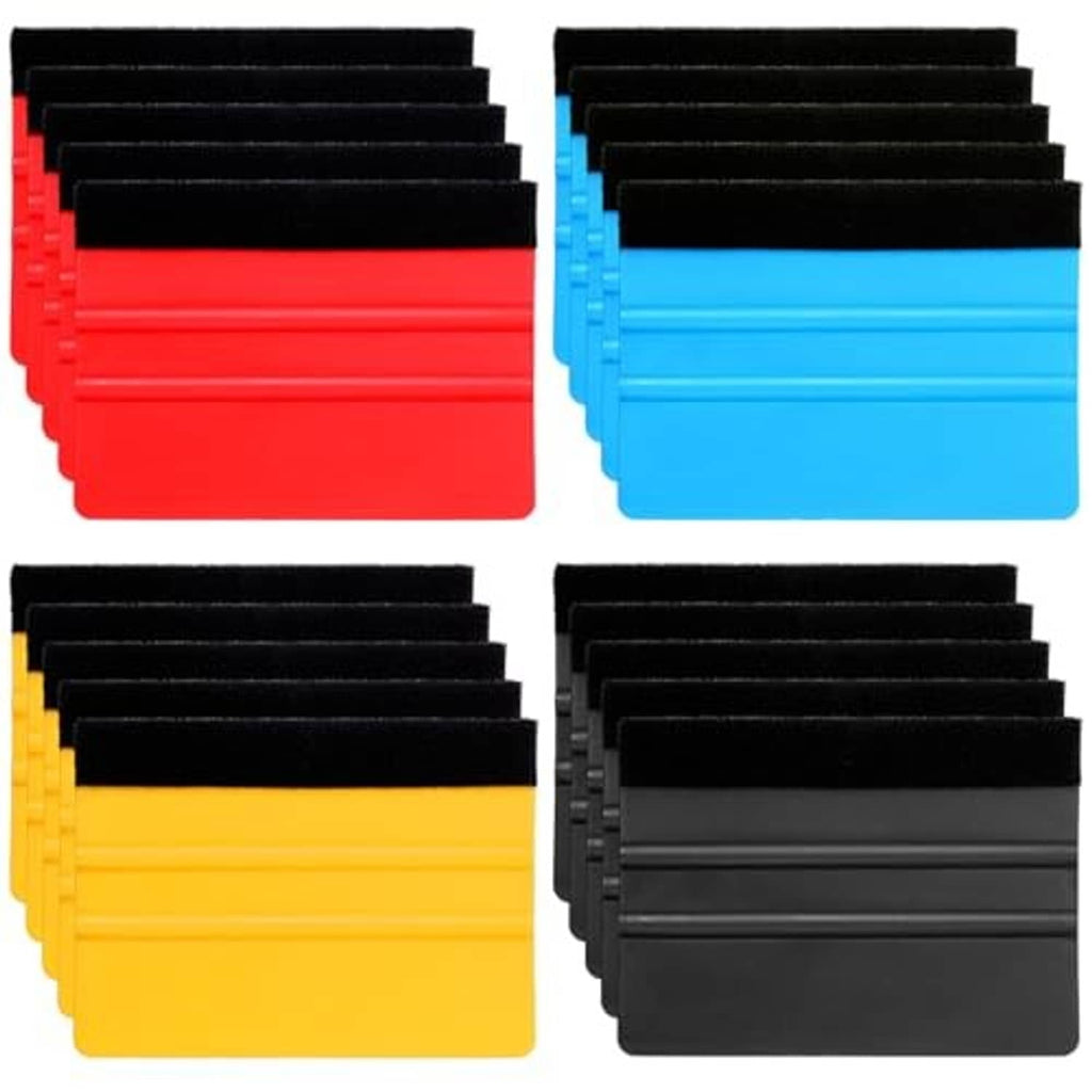 Felt-edge vinyl decal squeegee set with assorted colors: red, blue, yellow, and dark gray.