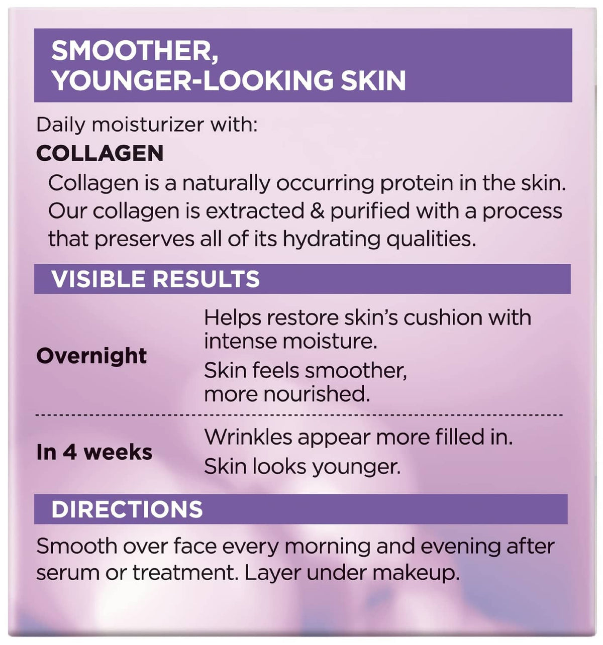 Collagen daily moisturizer product box back panel with directions