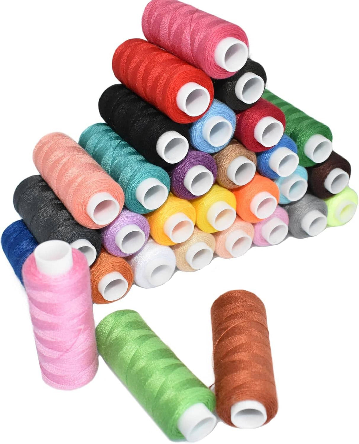 Polyester thread spool bundle with multicolor spools and visible white cores