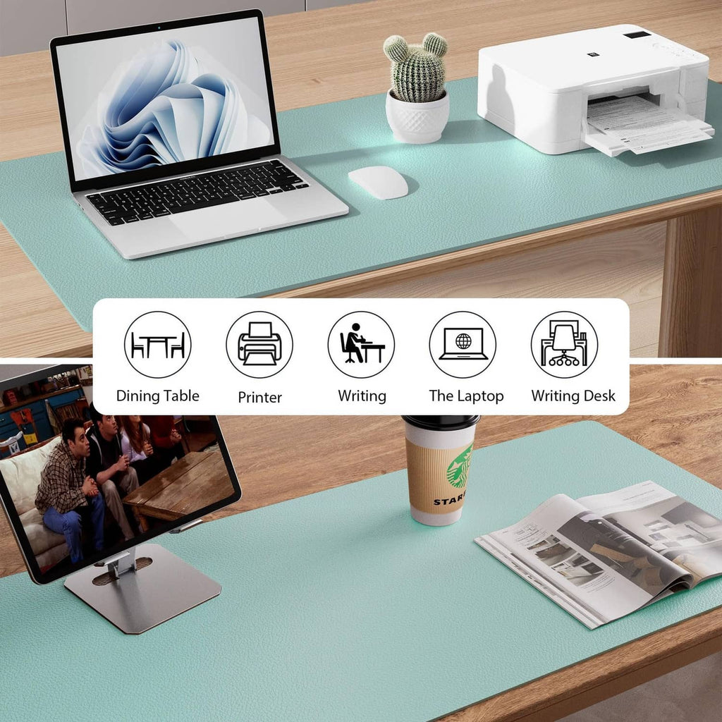 Light blue leather-look desk pad on work surface with laptop, mouse, and printer