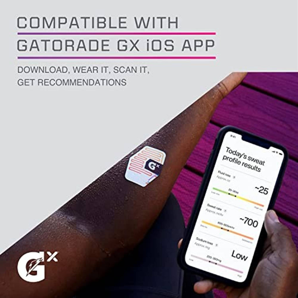 Forearm with sweat patch icon and smartphone app screen showing hydration results.