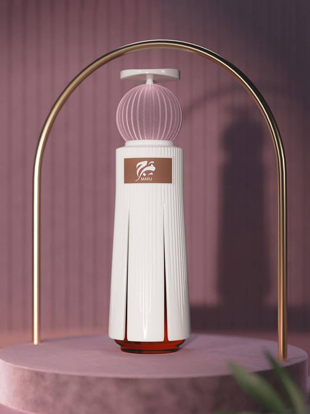 Extrait de parfum spray bottle, white with rose-pink ribbed cap