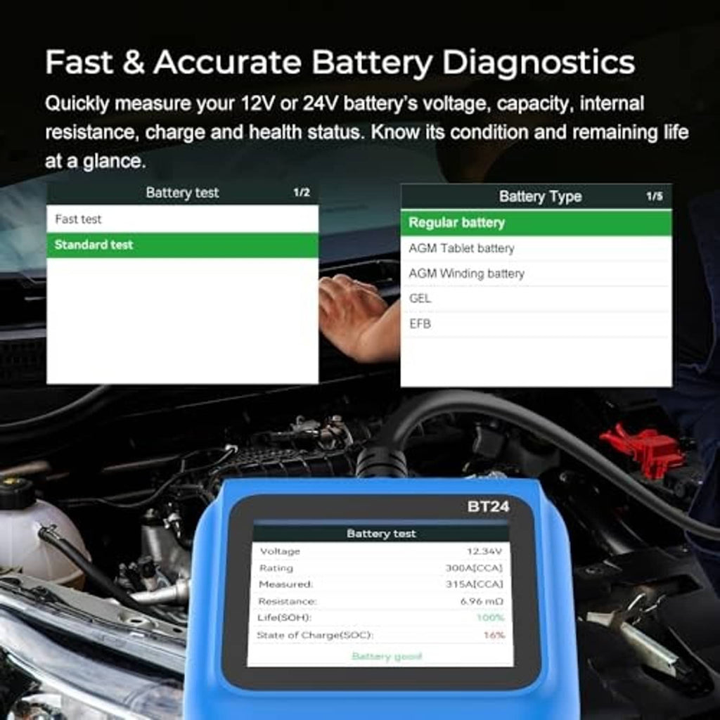 Blue VEEPEAK battery tester on car engine bay with LCD battery test display