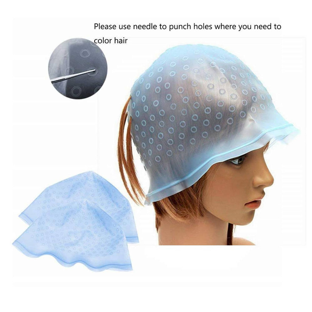 Blue silicone hair dye cap with dotted holes on model, side view