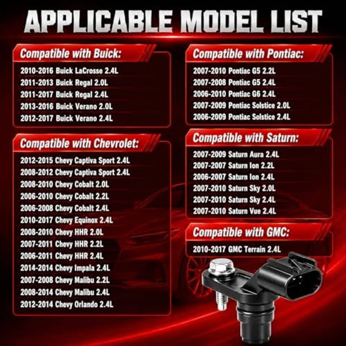 Black camshaft position sensor with electrical plug and threaded mounting stud