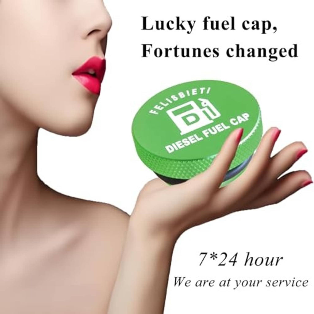 Green diesel fuel cap held in hand, textured side and white logo on top