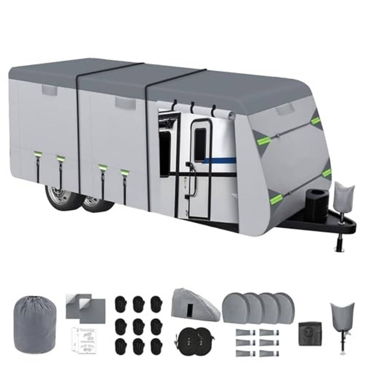 Gray RV trailer cover with fitted roof and included accessories, side straps visible