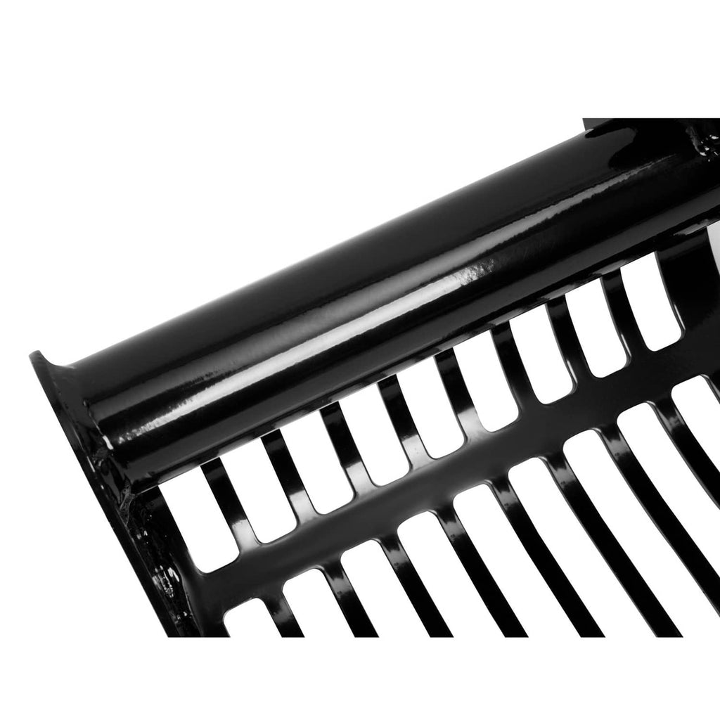 Black steel screening bucket with curved slotted bars and smooth roller shaft
