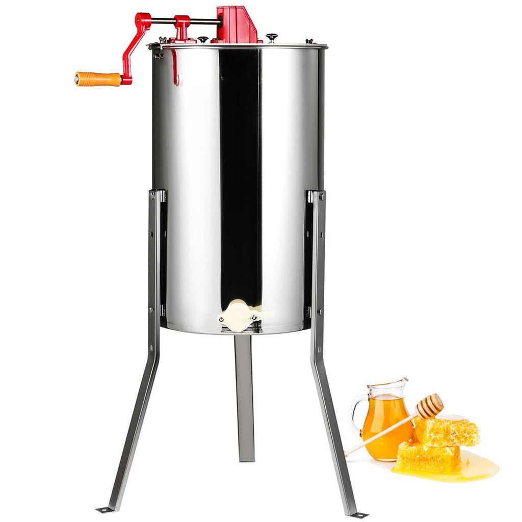 Manual honey extractor with stainless steel drum on tripod stand and red hand crank