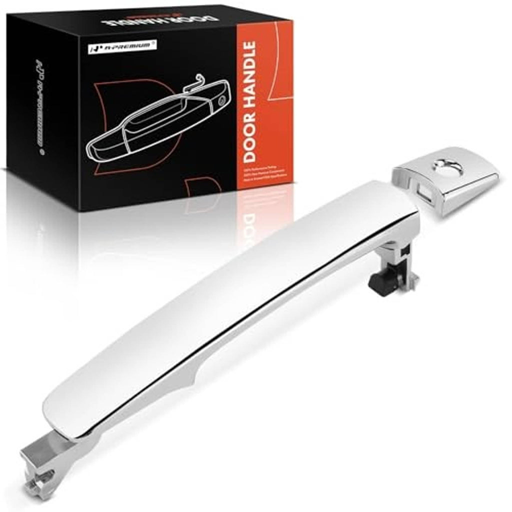 Exterior door handle with keyhole, silver chrome finish, front-left driver side