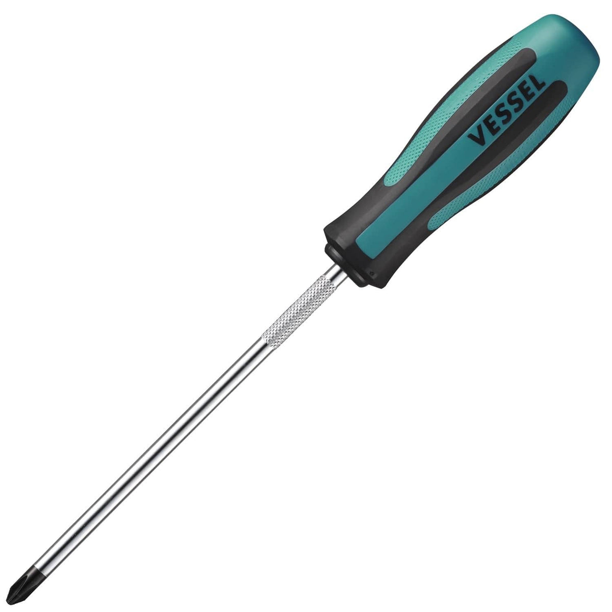 Vessel screwdriver with teal soft-grip handle and black Phillips tip, 2 x 150