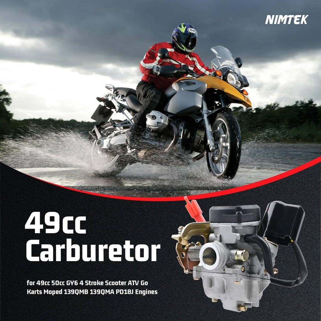 Scooter carburetor with round intake port, black cap, and mounting bracket
