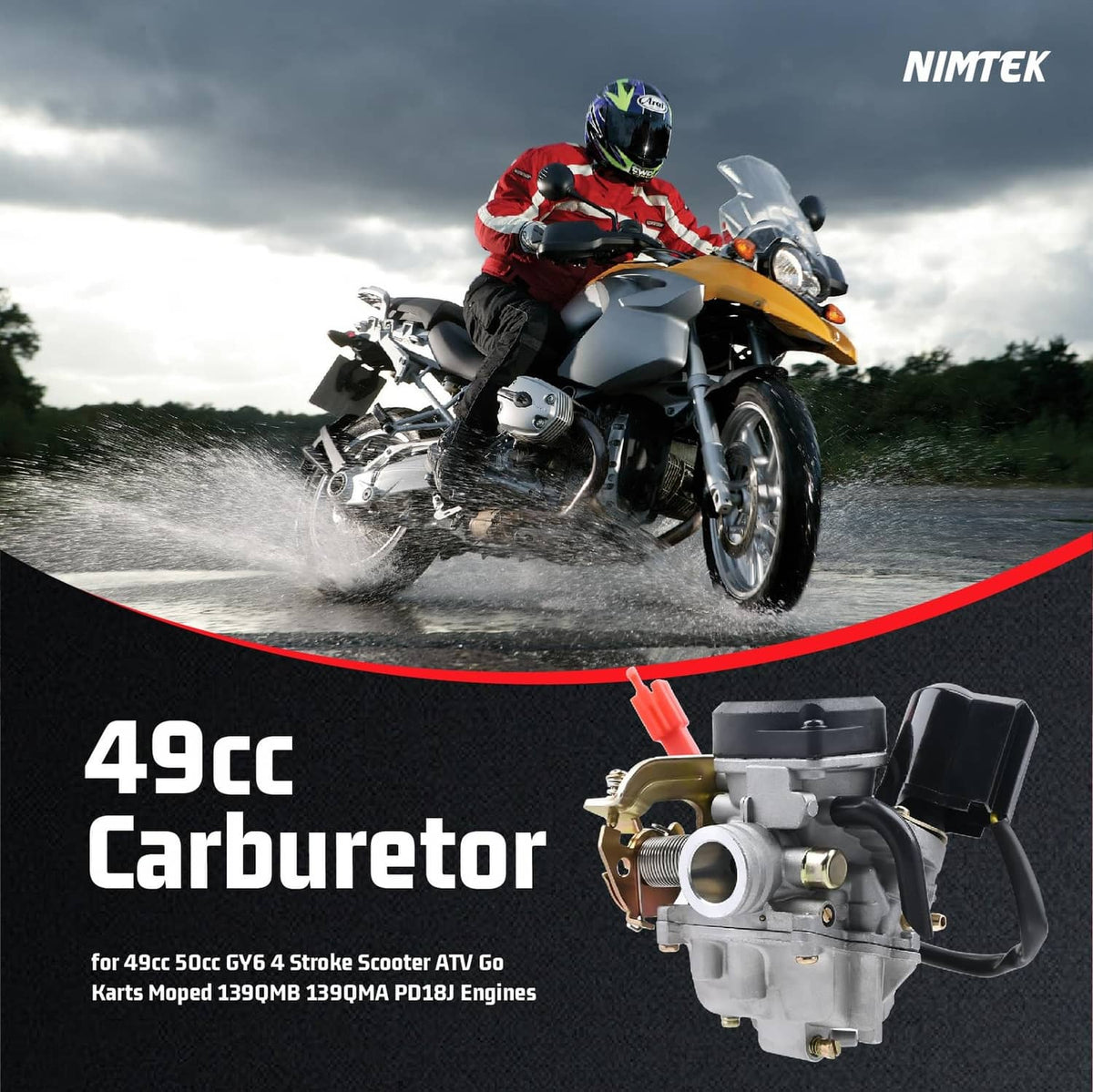 Scooter carburetor with round intake port, black cap, and mounting bracket