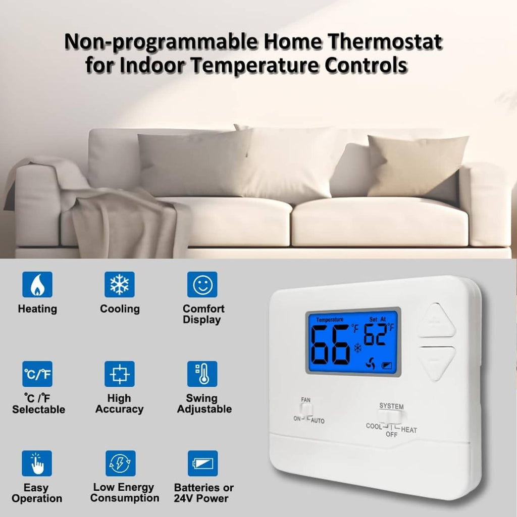 Digital wall thermostat with blue screen and buttons, shown near a couch