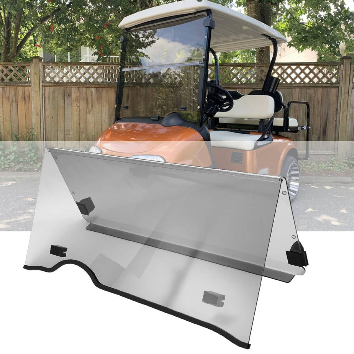 Tinted golf cart full windshield with folding panel and black mounting brackets