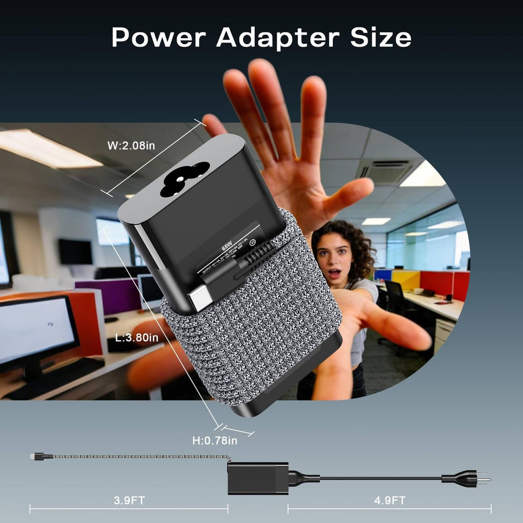 Compact USB-C laptop charger with braided cable and extended DC plug