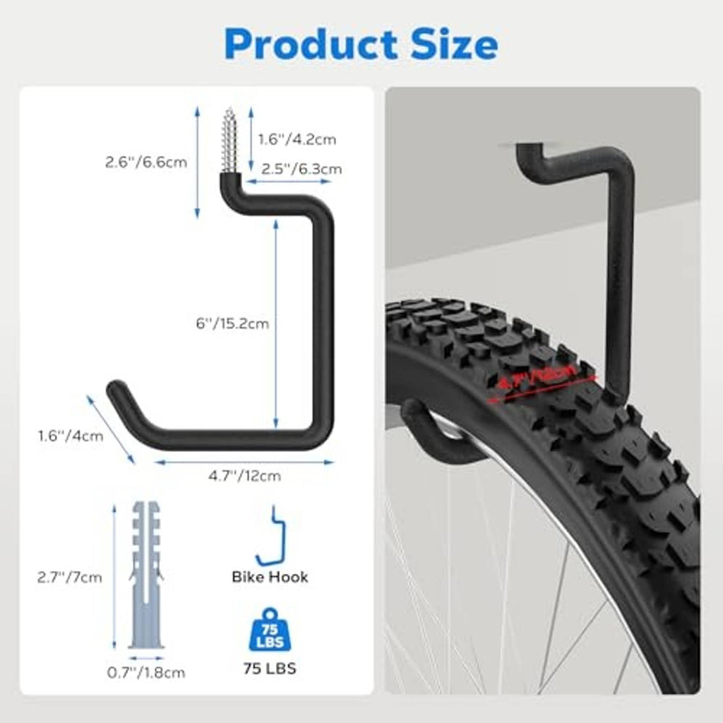 Black screw-in bike hook with size diagram showing overall length and load capacity