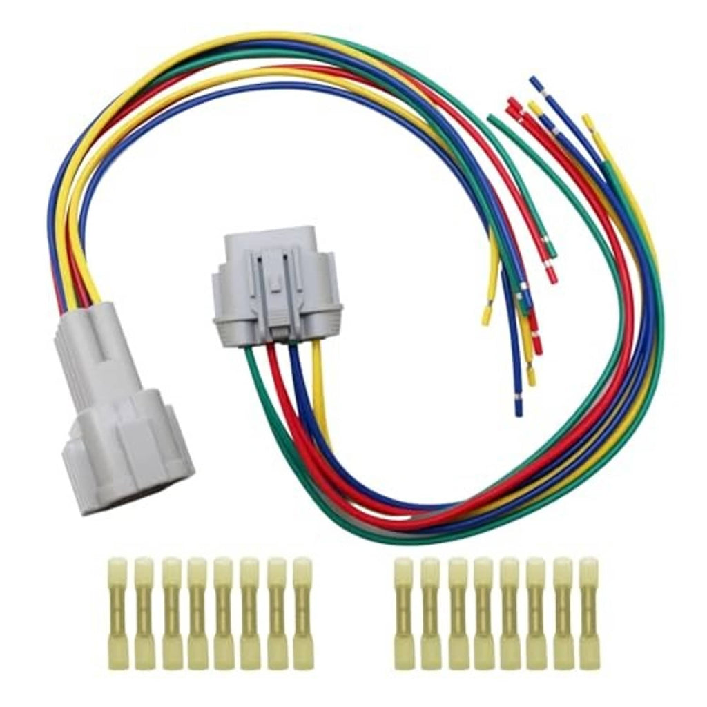 Headlight pigtail wiring harness with 8-pin gray connector, color wires, and terminals