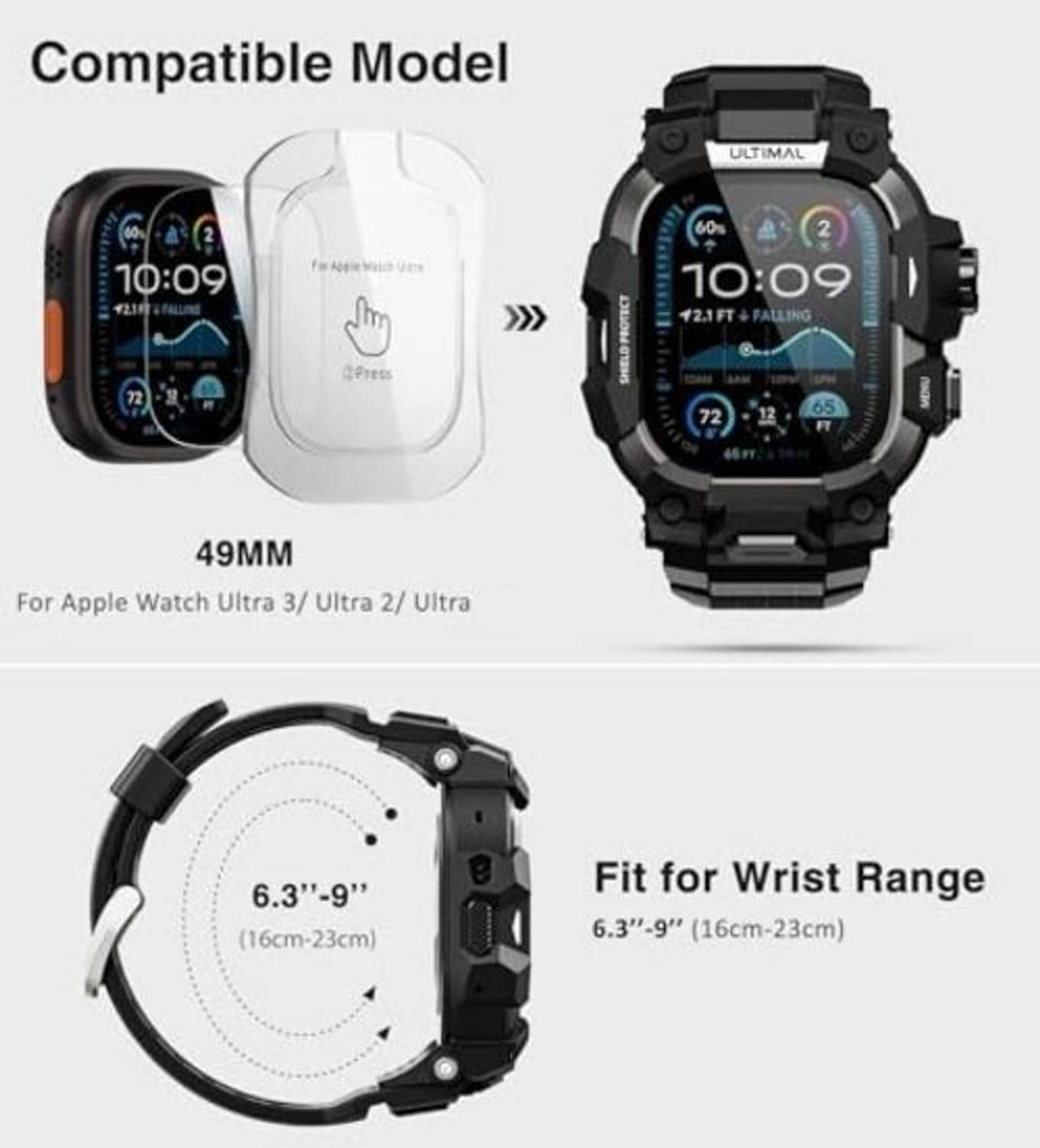 Black rugged 49mm watch case with band and screen protector fit diagram