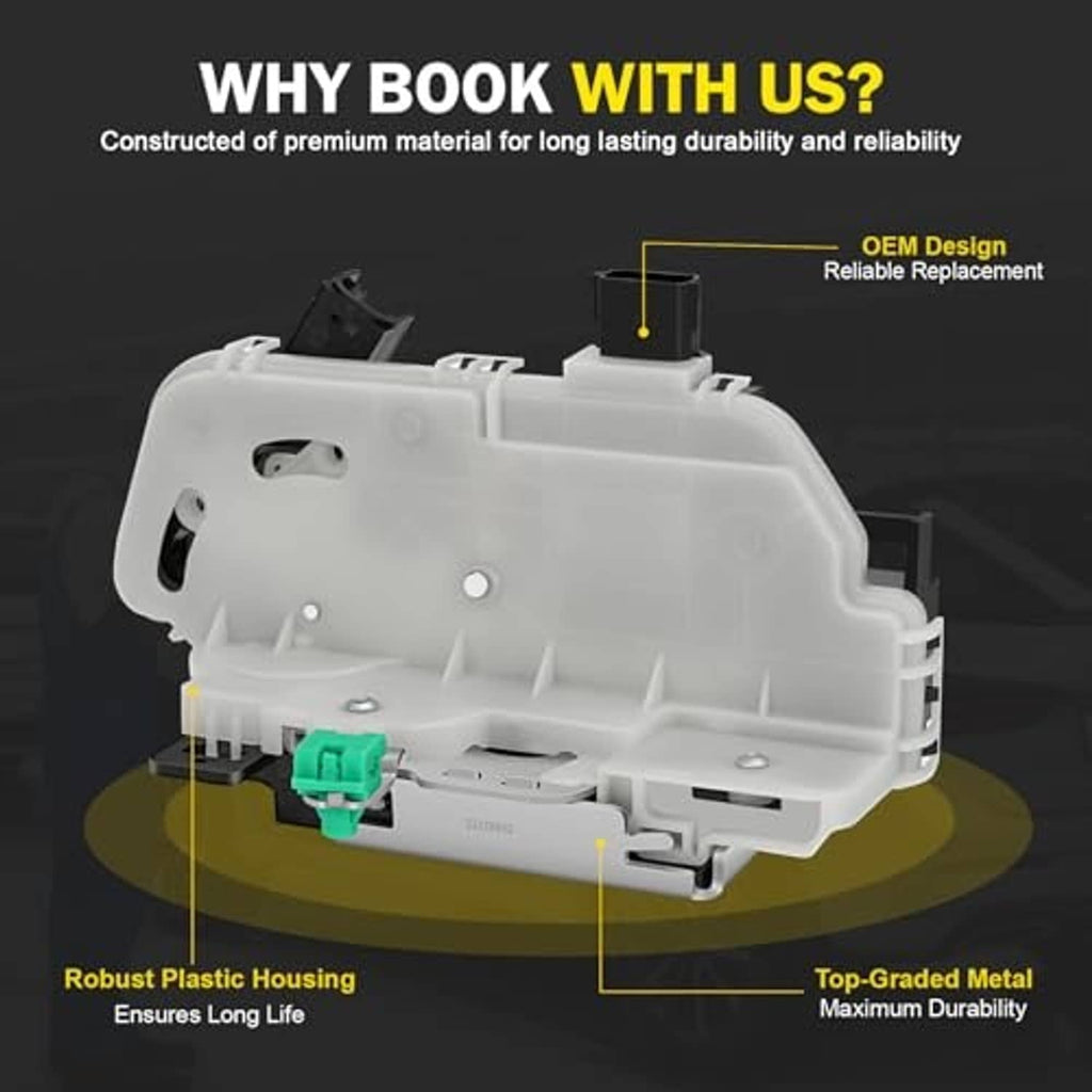 Door lock latch actuator with robust white plastic housing and green connector