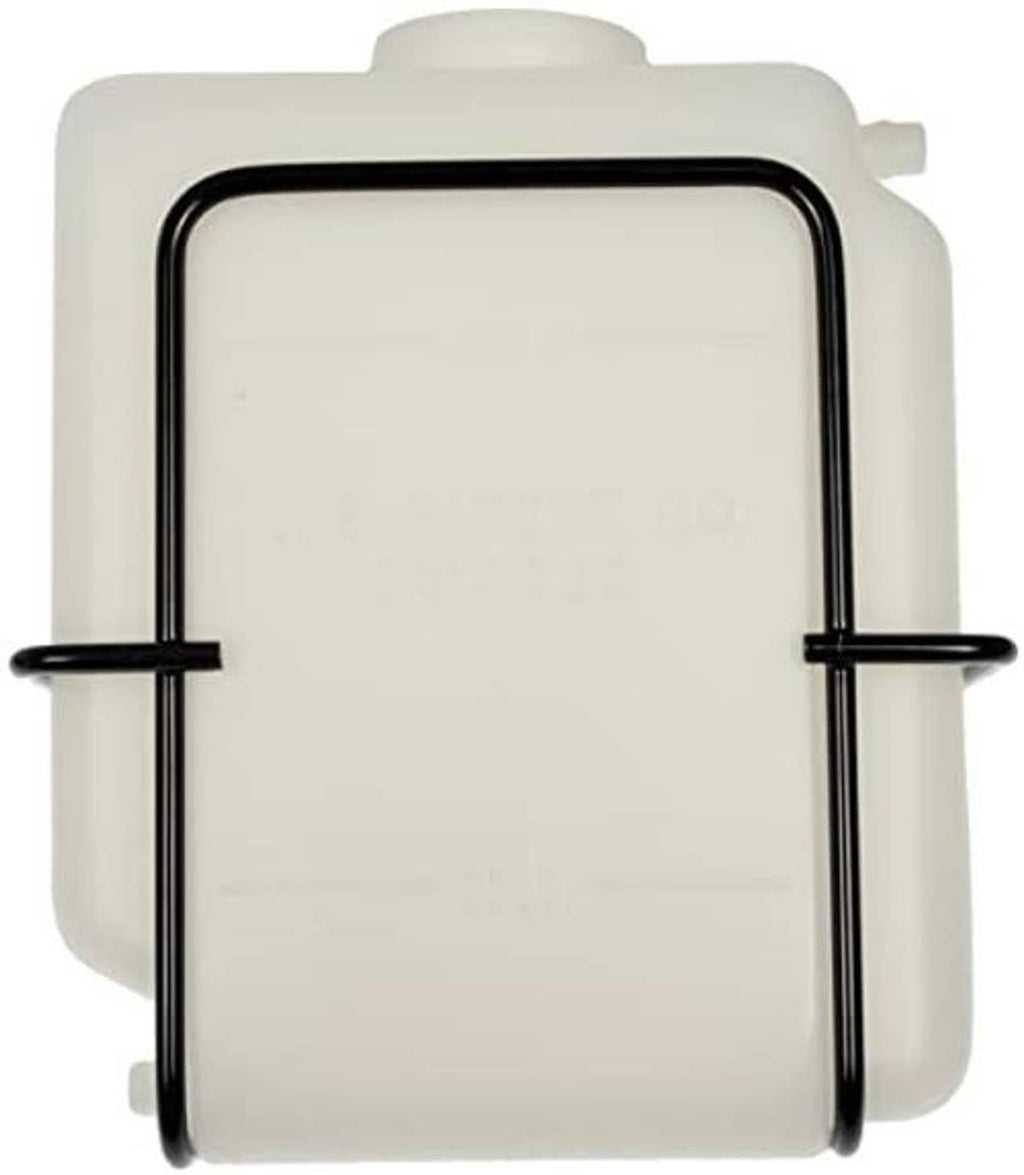 Engine coolant recovery tank with black mounting bars and fill cap opening