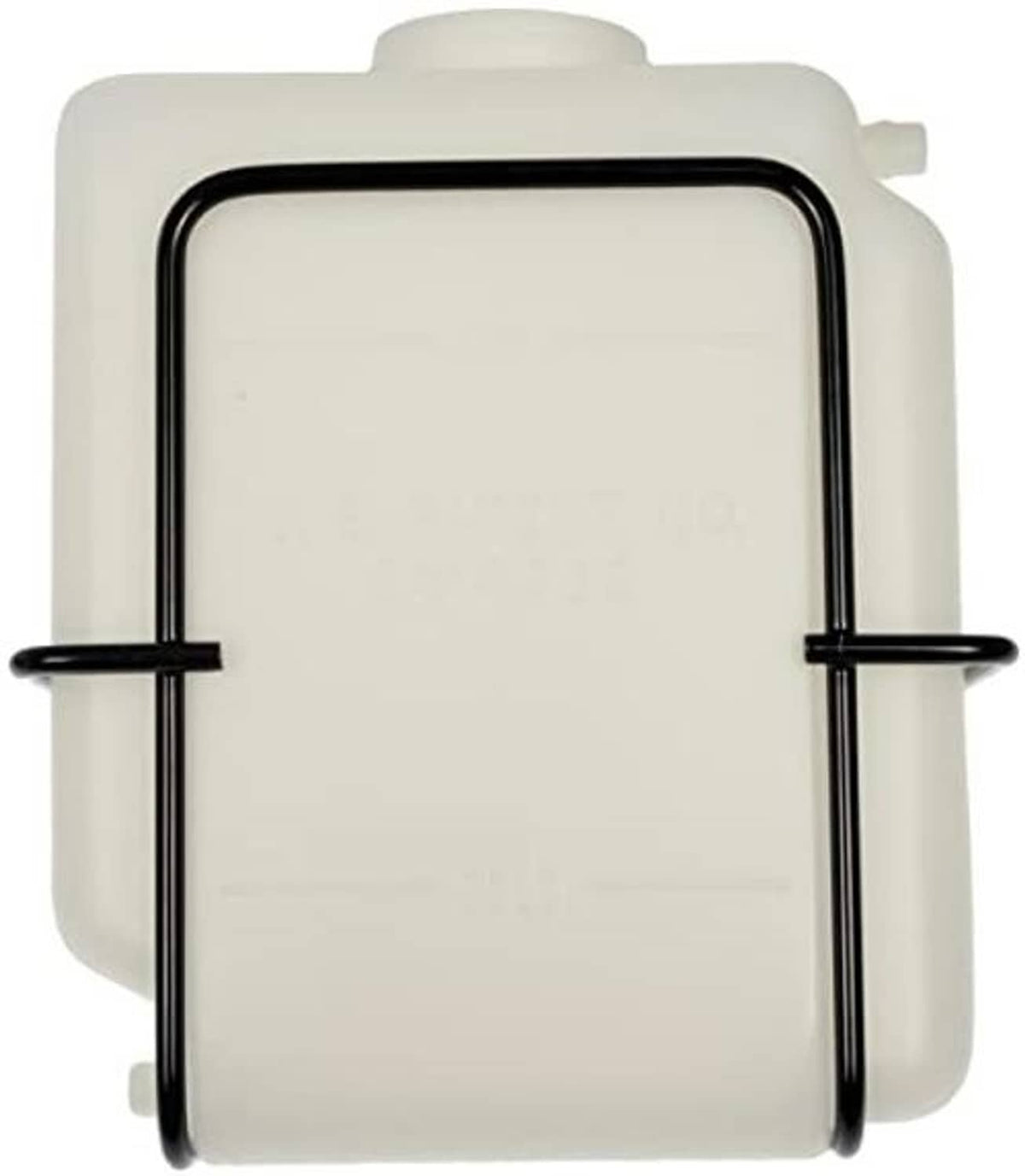 Engine coolant recovery tank with black mounting bars and fill cap opening